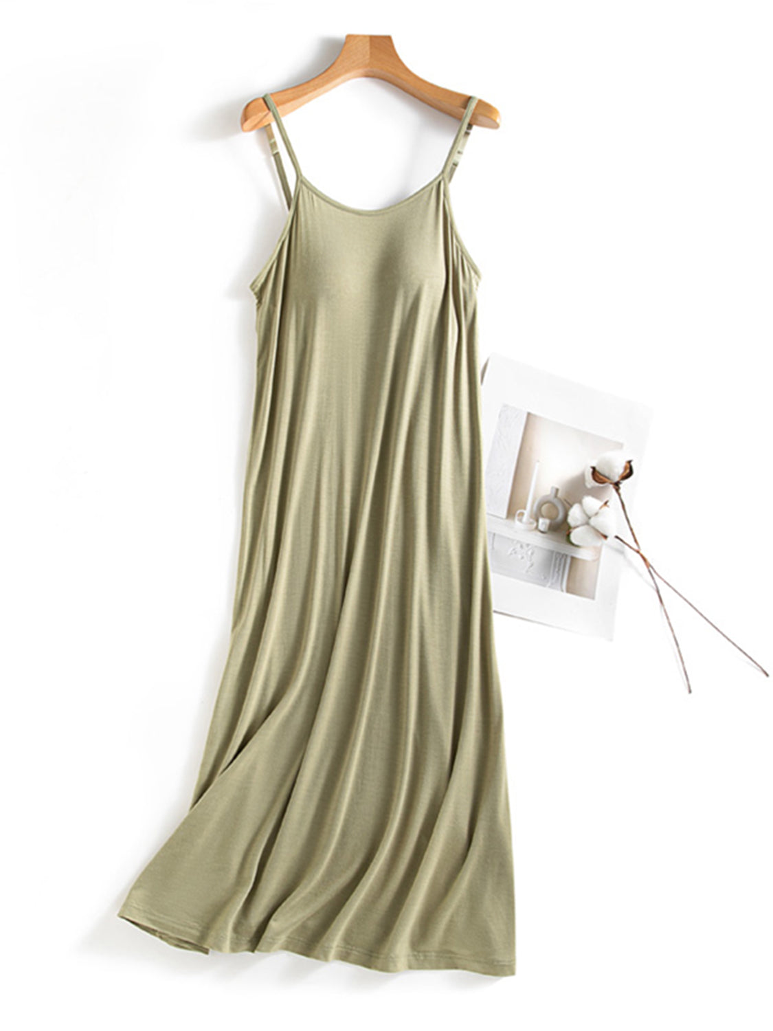 Scoop Neck Midi Cami Dress with Bra - Matcha Green / M