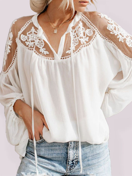 See-through V-neck lace shirt - White / S