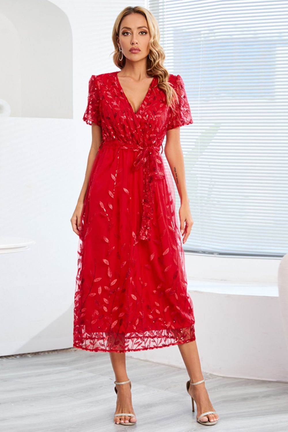 Sequin Leaf Embroidery Tie Front Short Sleeve Dress - Deep