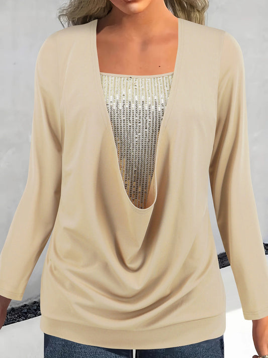 Sequin Long Sleeve Top - Tan / S