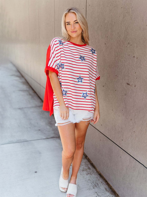 Sequined Star Stripe Short Sleeve Independence Day Top