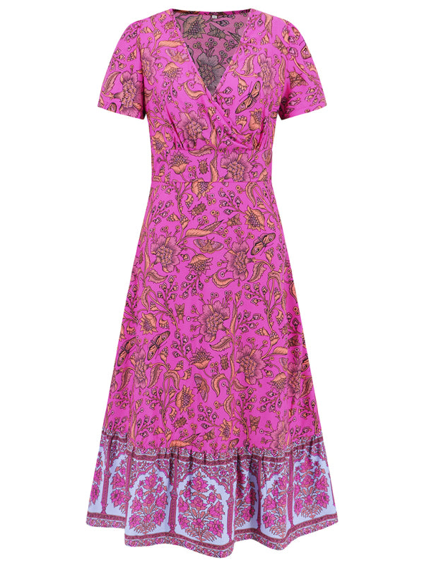 Short-sleeved V-neck dress bohemian retro floral dress