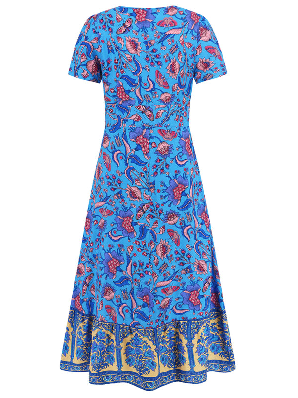 Short-sleeved V-neck dress bohemian retro floral dress