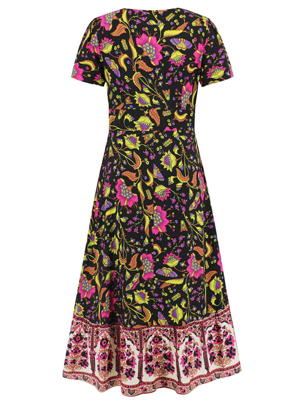 Short-sleeved V-neck dress bohemian retro floral dress