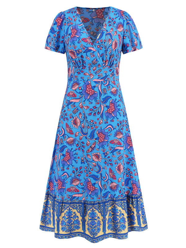 Short-sleeved V-neck dress bohemian retro floral dress