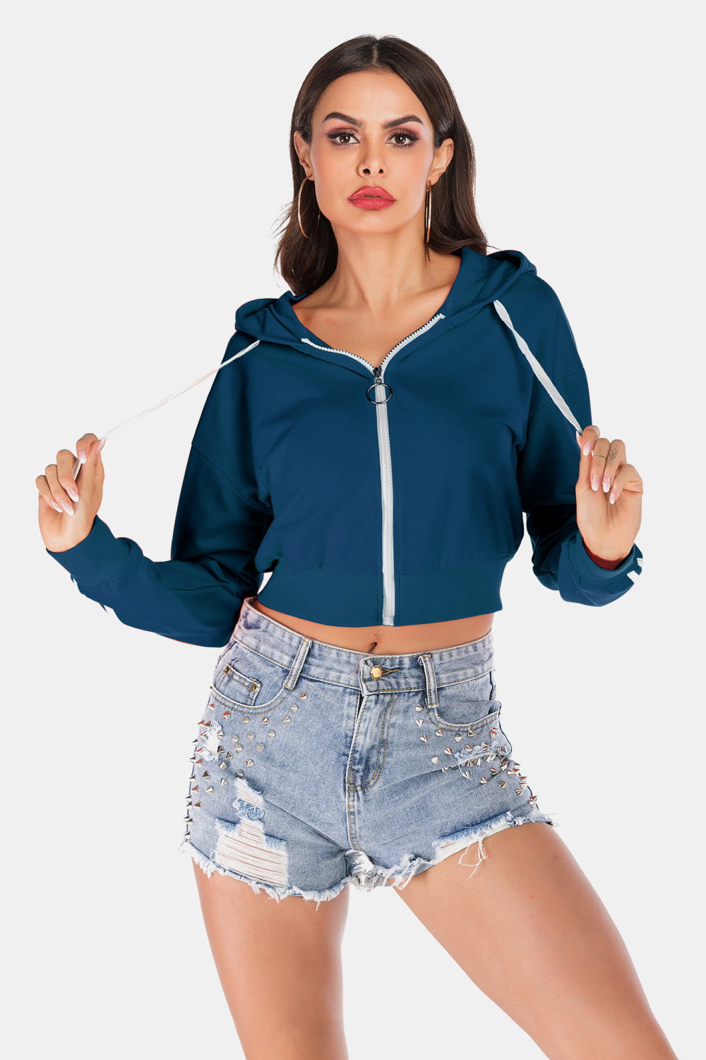 Side Stripe Drawstring Cropped Hooded Jacket - Indigo / S