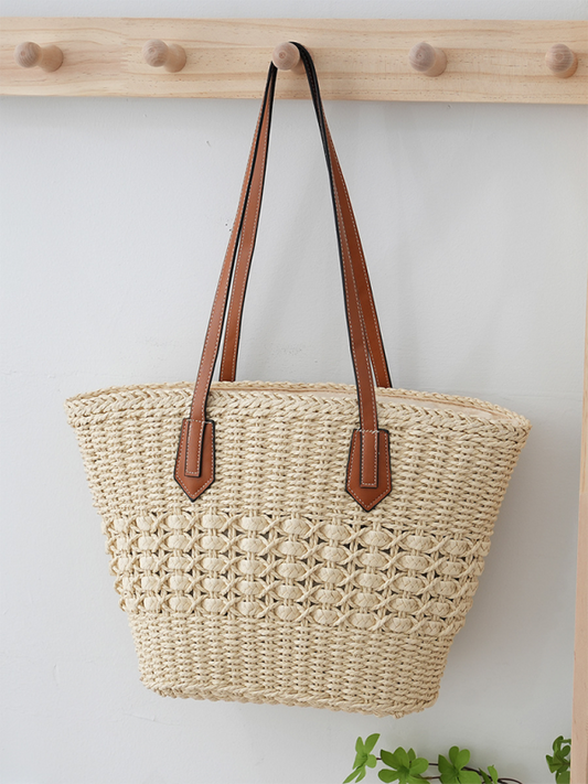 Single shoulder straw large capacity tote bag - Cream