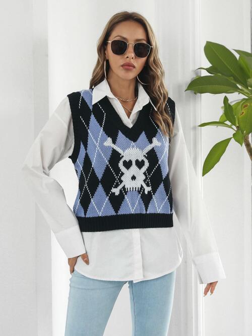 Skull Geometric V-Neck Sweater Vest Print on any thing USA/STOD clothes