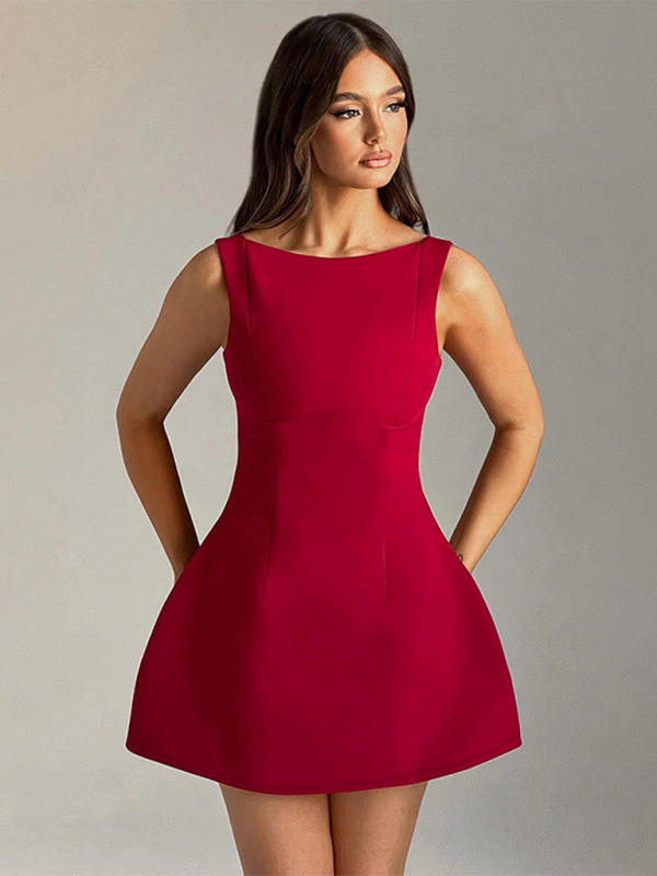 Slim Backless Tank Top Basic Dress - Red / S