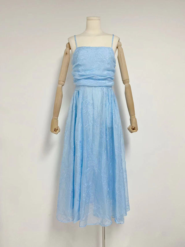 Sling strapless waist long dress - Blue / S