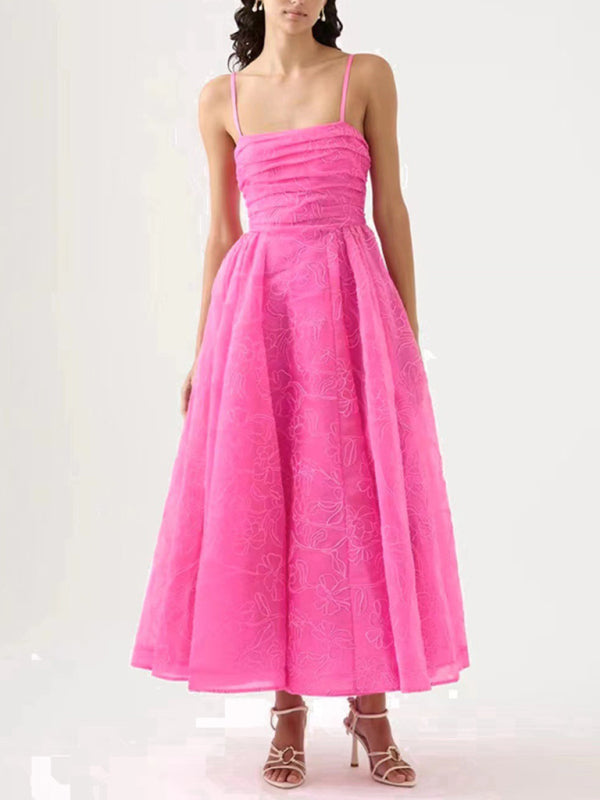 Sling strapless waist long dress - Rose / S