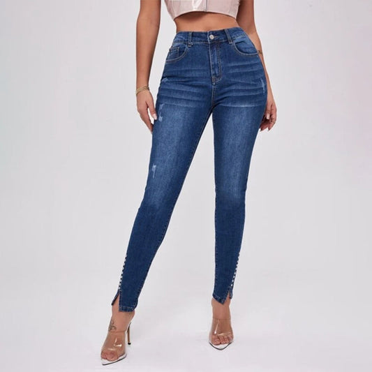 Slit Beaded Stitching Slim High Waist Stretch Jeans