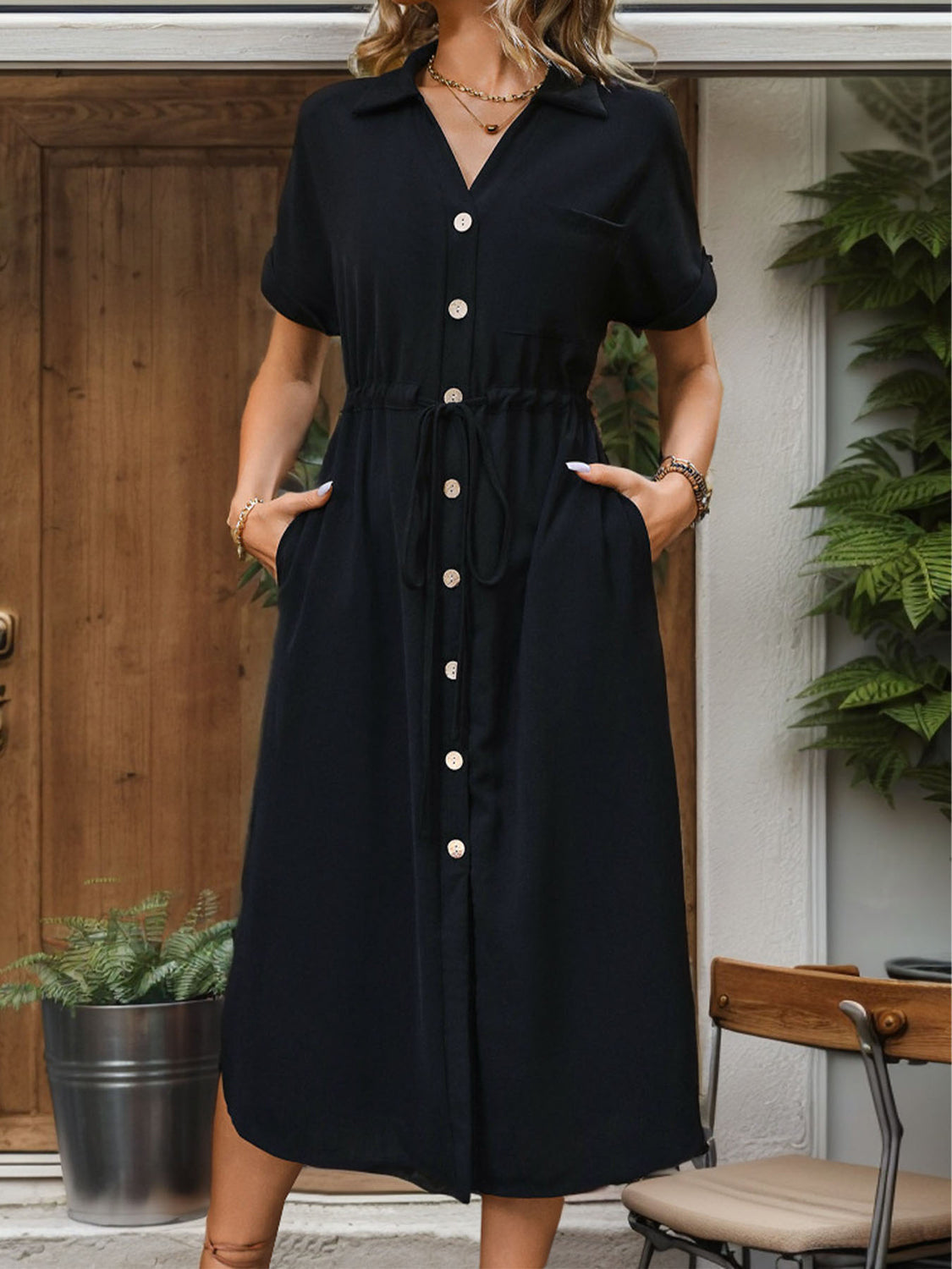 Slit Drawstring Button Up Short Sleeve Midi Dress - Black