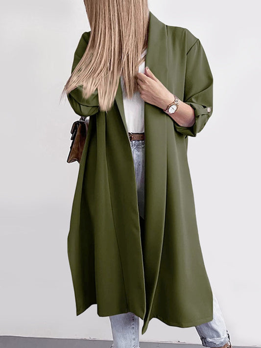 Slit Open Front Roll-Tab Sleeve Trench Coat - Army Green / S