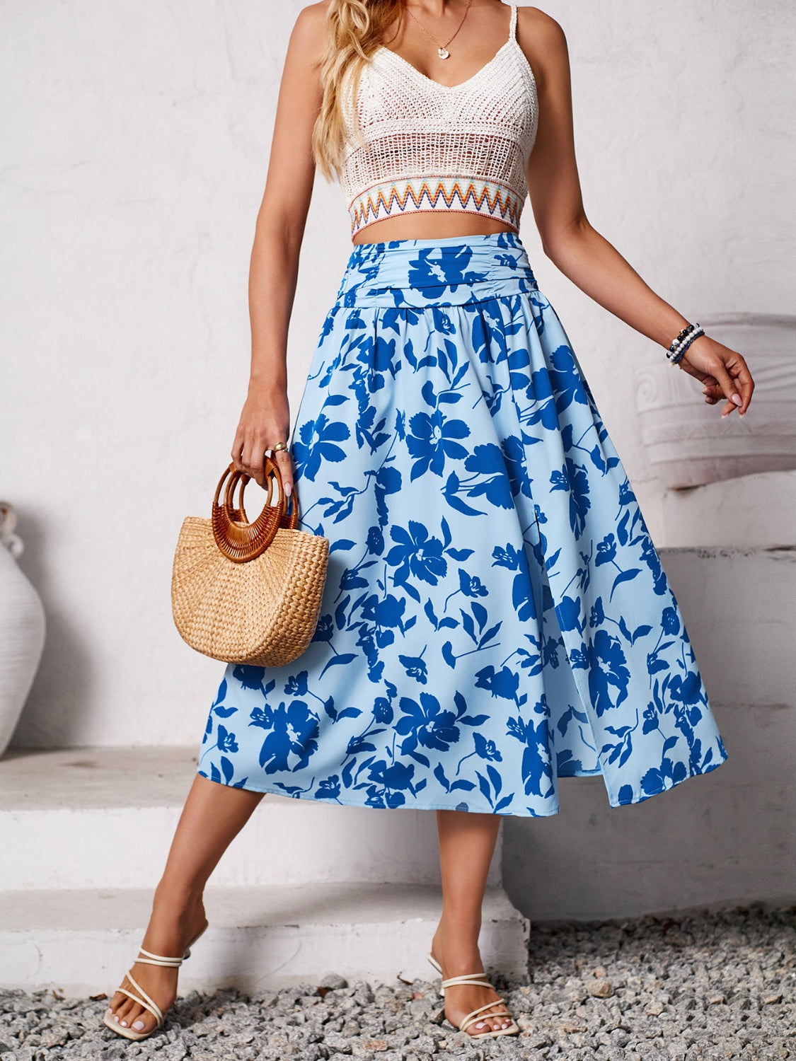 Slit Printed Midi Skirt - Blue / S