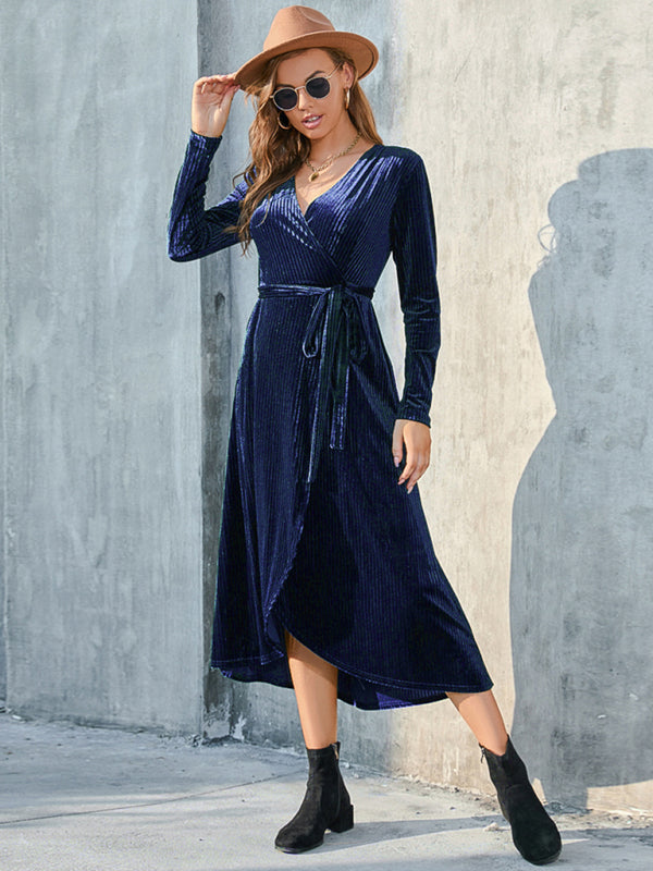 Slit strappy gold velvet mid-length dress - Blue / S