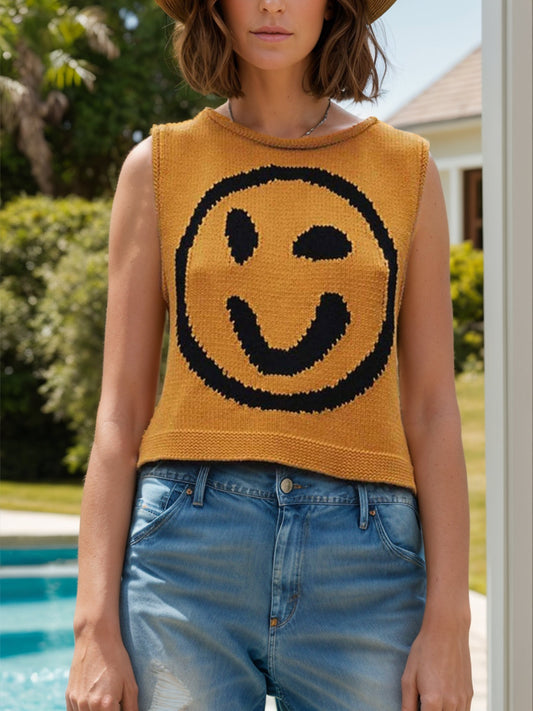 Smiley Round Neck Sweater Vest - Mustard / S