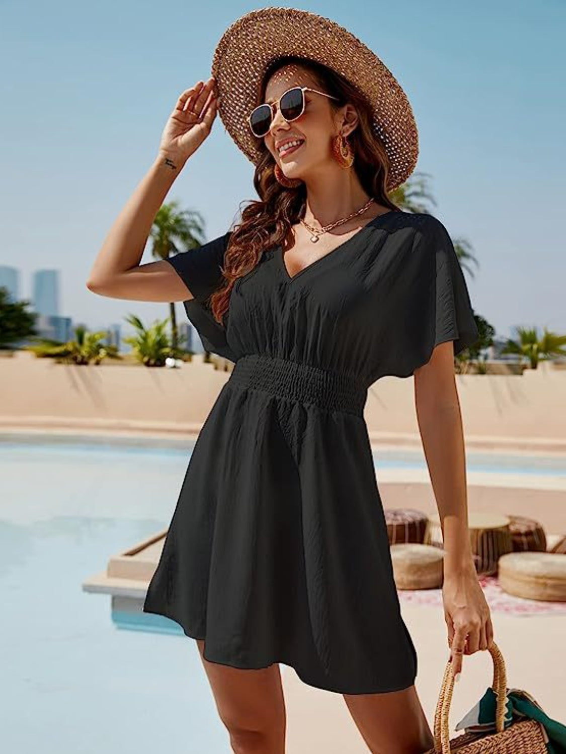 Smocked V-Neck Short Sleeve Dress - Black / S