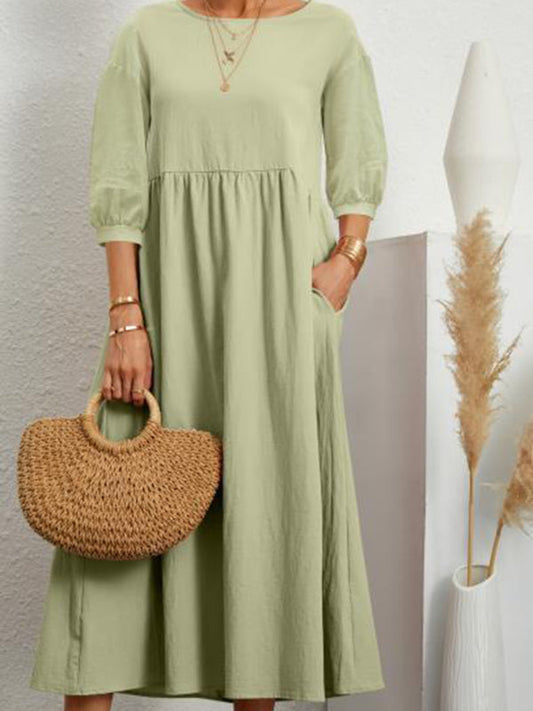 Solid color lantern sleeve loose pocket dress - Pale green