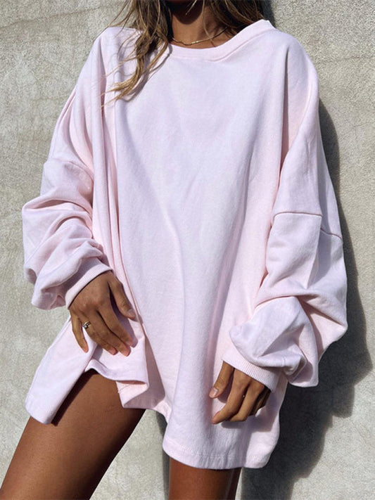 Solid Color Loose Long Sleeve Round Neck Sweatshirt - Pink