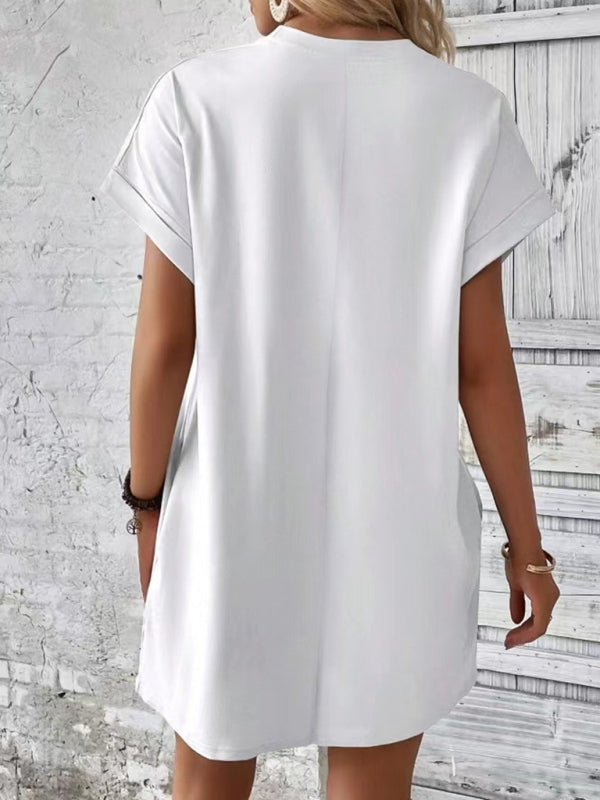 Solid color round neck loose short sleeve pocket dress