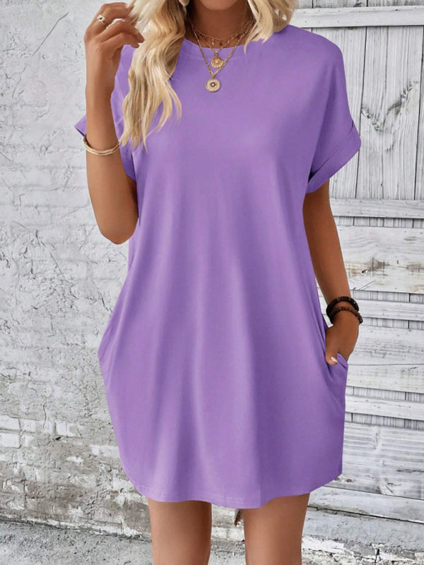 Solid color round neck loose short sleeve pocket dress