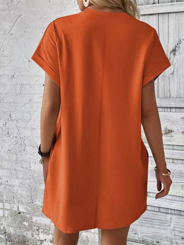 Solid color round neck loose short sleeve pocket dress