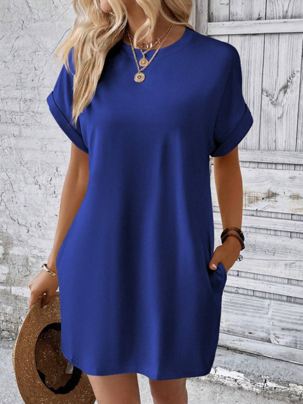 Solid color round neck loose short sleeve pocket dress