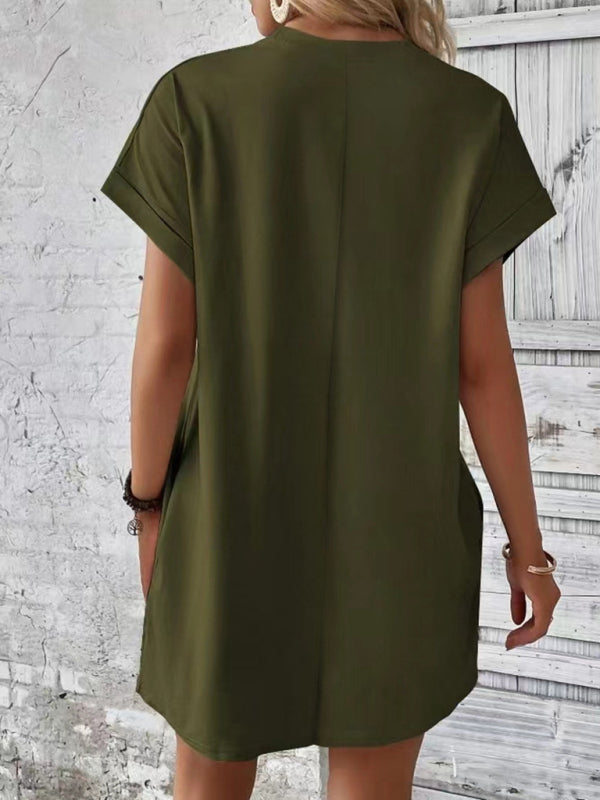 Solid color round neck loose short sleeve pocket dress