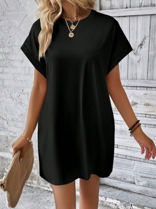 Solid color round neck loose short sleeve pocket dress