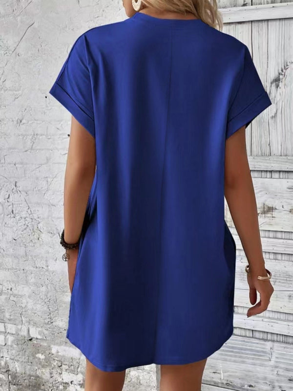 Solid color round neck loose short sleeve pocket dress