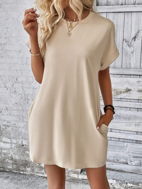 Solid color round neck loose short sleeve pocket dress