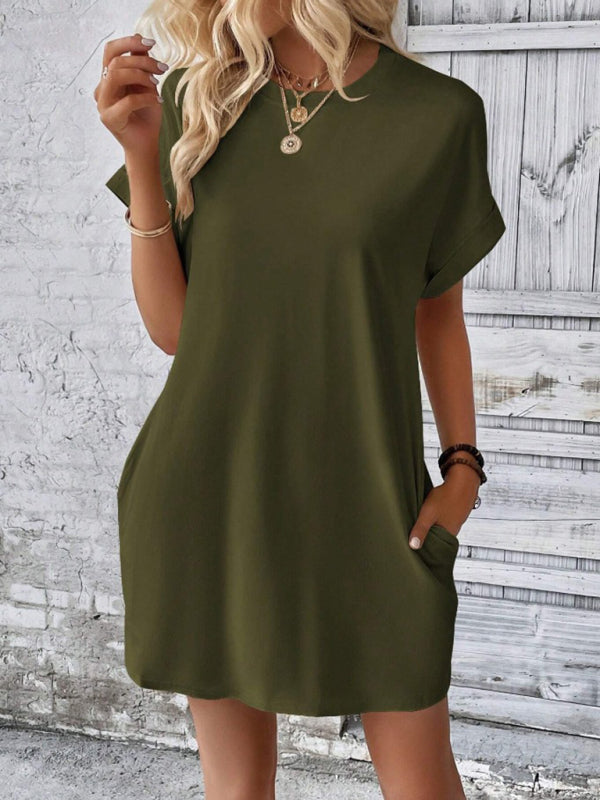 Solid color round neck loose short sleeve pocket dress