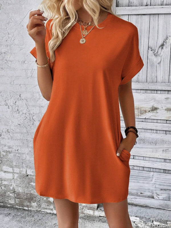 Solid color round neck loose short sleeve pocket dress