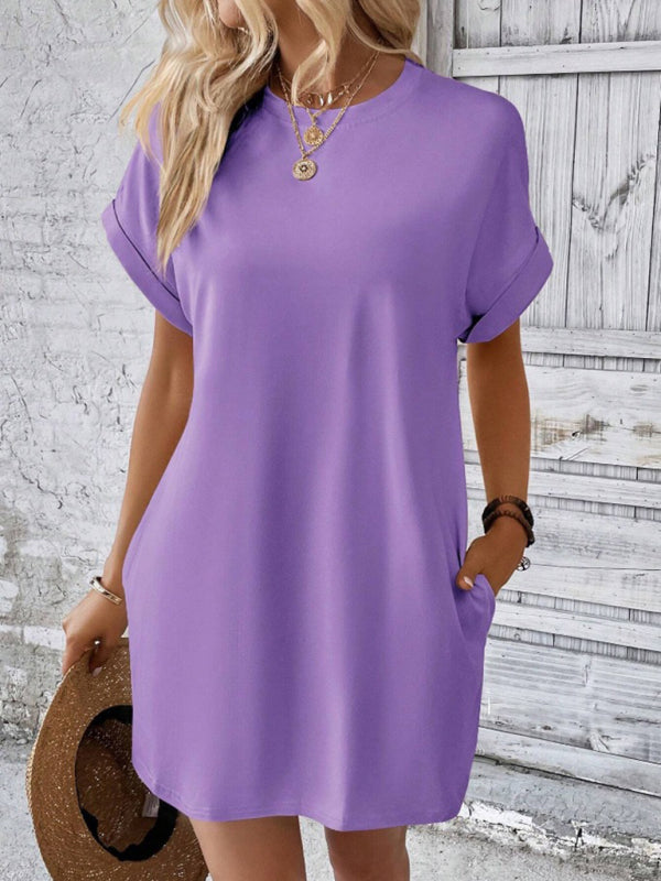 Solid color round neck loose short sleeve pocket dress