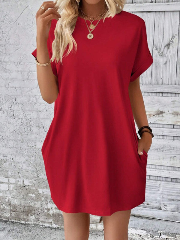 Solid color round neck loose short sleeve pocket dress