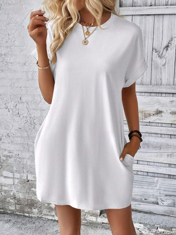 Solid color round neck loose short sleeve pocket dress