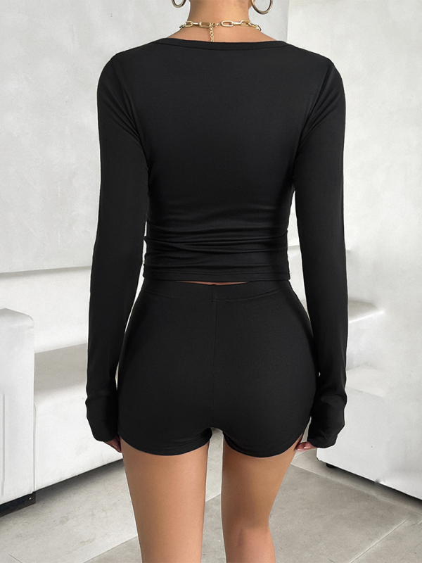 Solid color slim long-sleeved top and shorts two-piece set