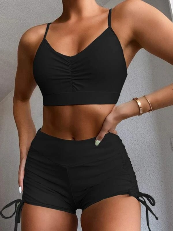 Solid color small chest gathered high waist bikini - Black