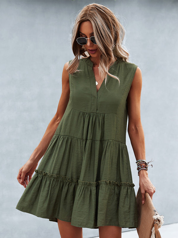 Solid Color V-Neck Sleeveless Dress