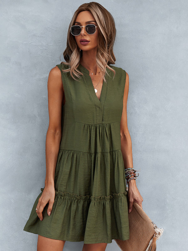 Solid Color V-Neck Sleeveless Dress