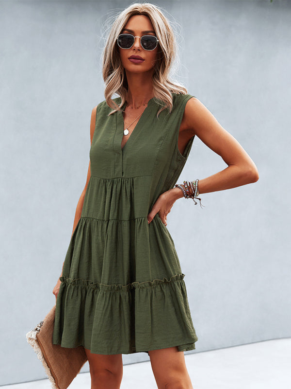 Solid Color V-Neck Sleeveless Dress - Olive green / S