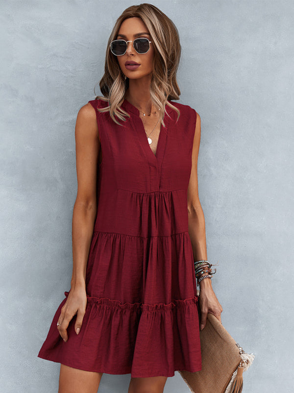 Solid Color V-Neck Sleeveless Dress - Wine Red / S