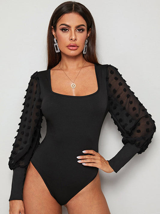 Square neck backless long sleeve bodysuit - Black / S