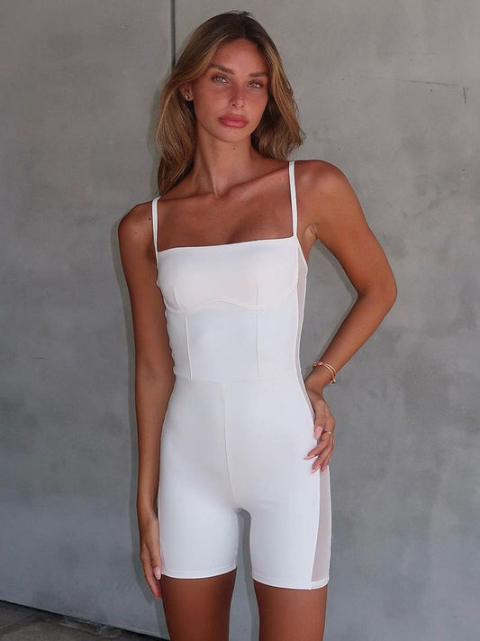 Square Neck Spaghetti Strap Romper - White / S