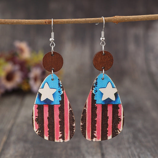 Star & Stripes Wooden Dangle Earrings - Multicolor