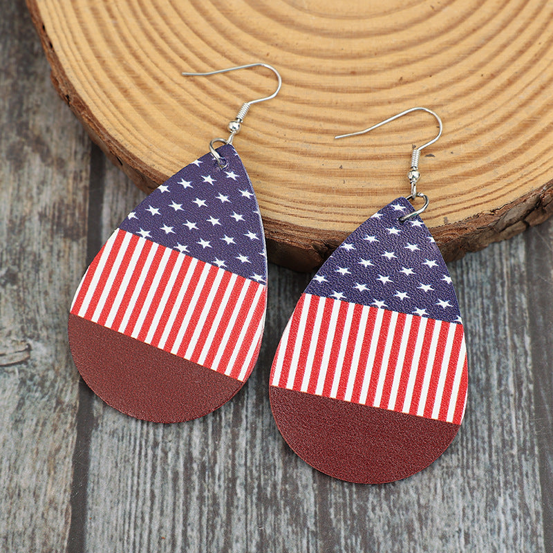 Stars and Stripes PU Leather Teardrop Earrings - Deep Red