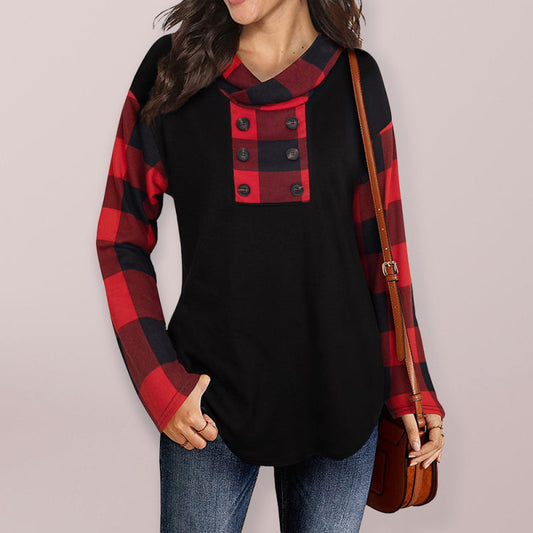 Stitching long-sleeved printed plaid hoodie for women