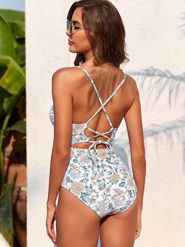 Strappy printed smocked one-piece swimsuit (shawl