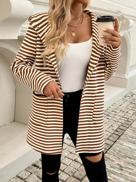 Striped Cardigan Hooded Knit Long Sleeve Coat - Brown / S